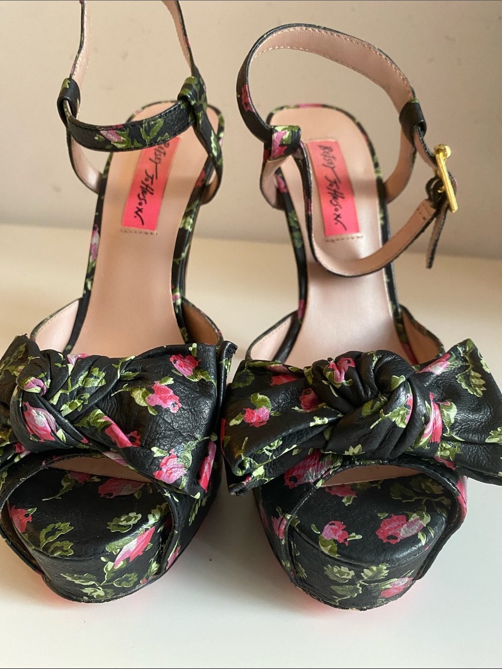 Betsey Johnson Black Floral Platform Ankle-Strap Heels with Pink Soles - Picture 2 of 5